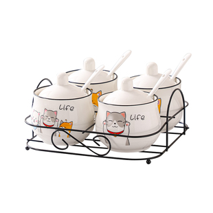 陶瓷调味三件套厨房用品调料盒家用味精佐料组合套装送勺猫咪盐罐