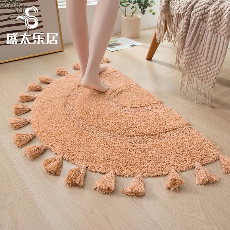 家用纯棉地垫手工流苏半圆形卧室门垫卫浴脚垫纯色全棉防滑可机洗