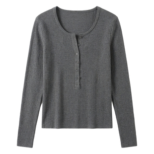 法式打底衫女2026春秋季修身v领上衣女正肩t恤女长袖灰色内搭小衫