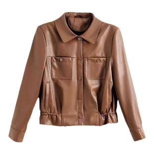 大洪官方严选店左岸翻领气质复古时尚简约休闲皮革夹克外套春秋女