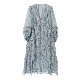 真丝连衣裙女2025夏季新款漂亮小众桑蚕丝蓝色碎花很仙的气质长裙