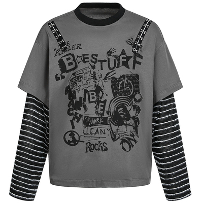 原创/轻亚风条纹假两件长袖T恤潮