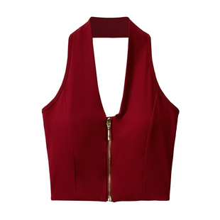 红色瑜伽服背心女高级感时尚带拉链美背性感健身运动文胸挂脖上衣