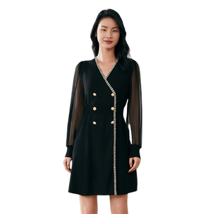 歌莉娅秋季新款女装古着vintage裙小黑裙V领长袖连衣裙108C4G1V0