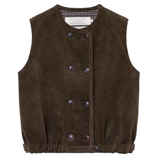 秒发！韩系复古灯芯绒马甲韩国设计师viaplain叠穿双排扣背心外套