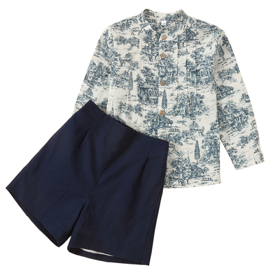 男童立领衬衣水墨印花纯棉长袖