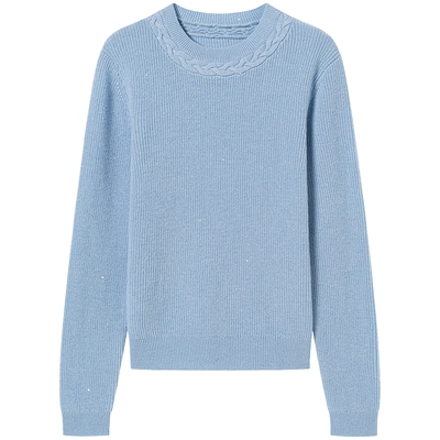 衣香丽影蓝色绞花编织领针织衫女