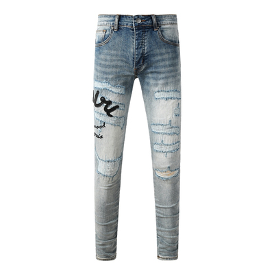 AMR JEANS MX1 美式潮牌LOGO贴布字母刺绣破洞补丁牛仔裤修身小脚