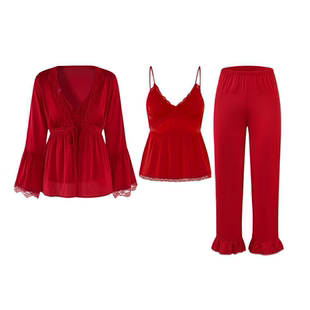 赵露思同款真丝睡衣女春秋季蕾丝纯欲风吊带带胸垫三件套礼盒装