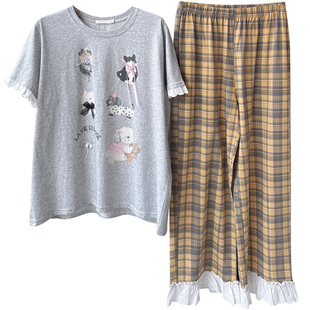 Gill Aimar小熊家家居服夏季新款甜美花边卡通小狗格子睡衣套装女