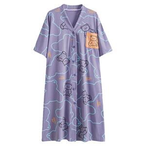 日系V领开衫加大码睡裙女200斤纯棉夏季薄款短袖宽松睡衣裙家居服