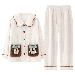 翻领开衫提花长绒厚款保暖家居服套装冬季长袖长裤外穿暖和珊瑚绒