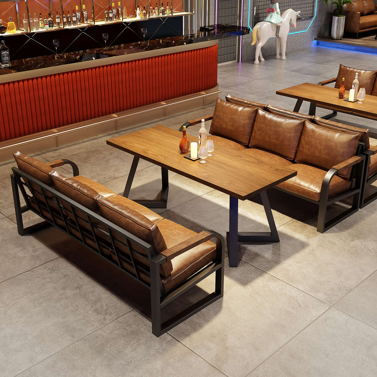 咖啡厅小酒馆沙发茶楼酒吧实木桌椅组合清吧工业风卡座沙发烧烤店