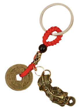 复古纯黄铜汽车钥匙扣手工编织钥匙链挂件五帝钱铜葫芦貔貅钥匙扣