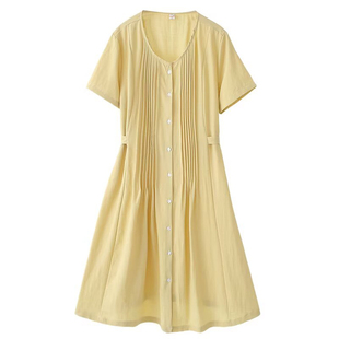 大码法式冰丝棉麻压褶收腰连衣裙女夏胖mm设计感小众短袖衬衫裙子