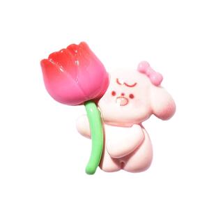 粉色花朵小狗树脂小配件奶油胶diy手工饰品可爱卡通郁金香花篮子