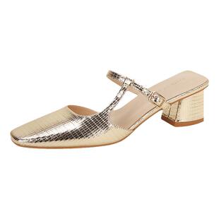 夏季新款气质拖鞋外穿低跟包头凉鞋女配裙子凉拖金色半拖中高跟鞋