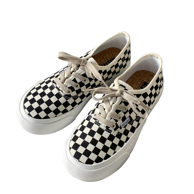 棋盘黑白格子鞋一脚蹬帆布鞋女
