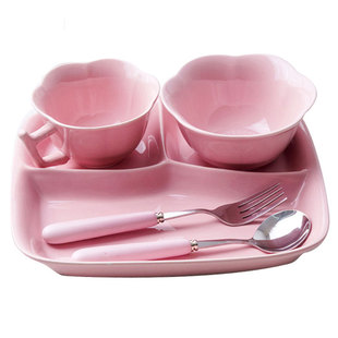 儿童餐盘陶瓷套装餐具创意家用小孩幼儿园学生食堂分格饭盘碗分隔