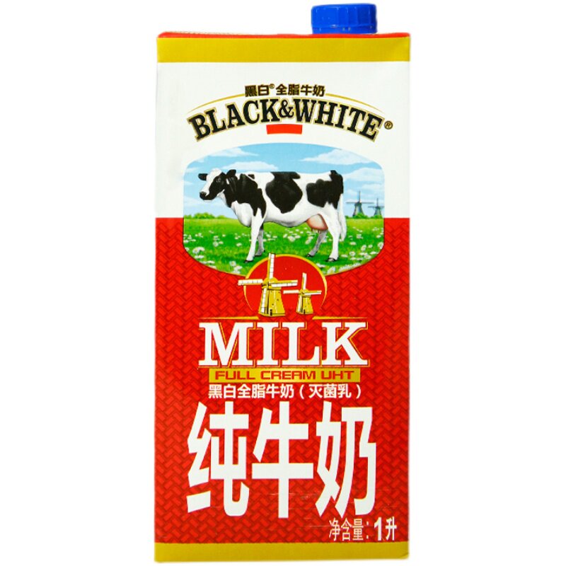 比利时进口黑白全脂牛奶 咖啡奶茶专用全脂灭菌乳家用早餐奶1L