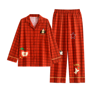 悦内睡衣女春秋季纯棉长袖可爱甜美格子家居服红色本命年新年套装