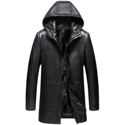 海宁头层牛皮连帽貂皮大衣