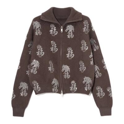 TCH【含兔毛】福马烫钻咖色拉链立领针织开衫外套女T78A43E1059