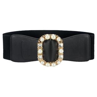 松紧弹力腰带女装饰连衣裙珍珠镶钻大衣皮带收腰羽绒服配饰黑新款