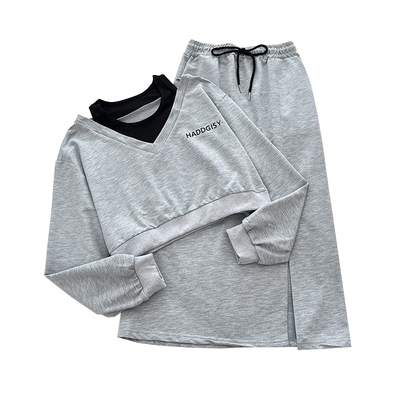 字母假两件长袖短款卫衣上衣+高腰显瘦中长款开叉半身裙女秋冬