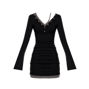 VOCK 调性进阶 假两件V领收腰显瘦长袖包臀内搭打底裙连衣裙辣妹