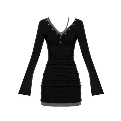 VOCK 调性进阶 假两件V领收腰显瘦长袖包臀内搭打底裙连衣裙辣妹