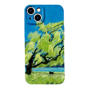 乘凉~油画湖畔柳树猫咪菲林适用iPhone15promax手机壳华为pura70小米14红米k60软vivo硬iqooneo畅享60Reno8