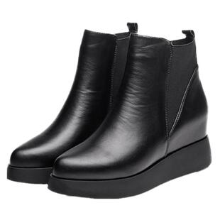 小坡跟短靴女2025新款秋冬季厚底内增高百搭尖头真皮马丁靴子加绒