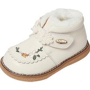 斯纳菲女童皮靴冬季新款儿童雪地加绒保暖国风绣花女孩宝宝大棉鞋