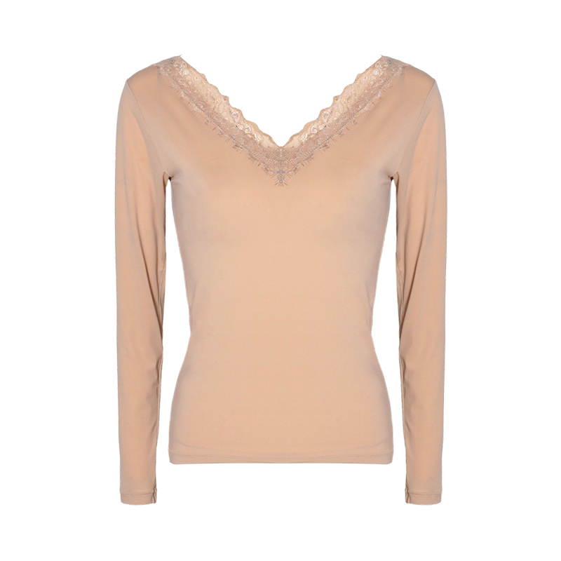 DPLAY2025秋季【惠品 粉底液皮肤衣】打底衫t恤女蕾丝领修身上衣