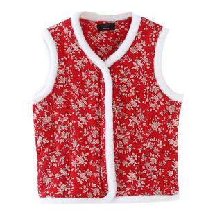 国风潮唐装加绒加厚马夹东北碎花民族风小花袄马甲女保暖拉链坎肩