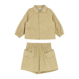 大耳象女童翻领风衣外套纯色口袋短裤2026春季新款宝儿工装套装