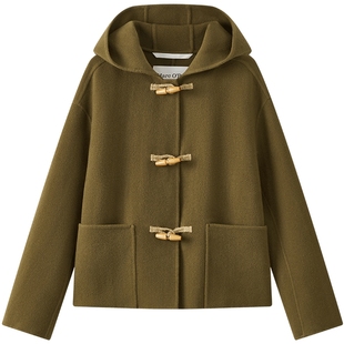 Marc O'Polo/MOP2025冬季新款100%羊毛牛角扣连帽短大衣外套女士