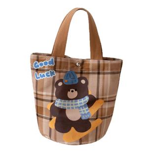 可爱卡通手提水桶包宝妈外出上班手拎饭盒布包小熊动物图案饭盒包