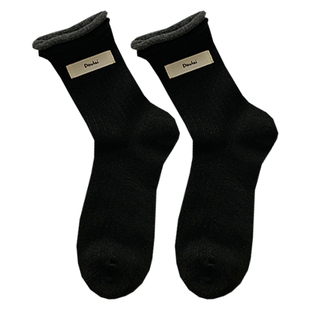 蓝灰双罗口布标袜子女ins春夏薄款中筒韩版卷边堆堆袜学院风长袜