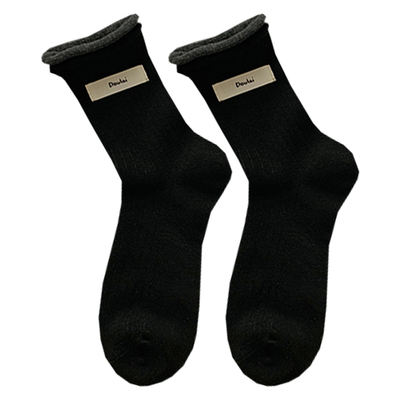 双罗口布标卷边袜子女中筒袜