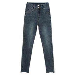 复古蓝加绒紧身牛仔裤女2025新款冬高腰弹力修身配靴子小脚铅笔裤