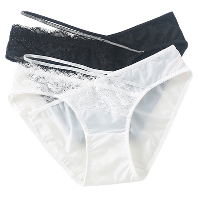 低腰冰丝拼蕾丝裤头细带女士内裤