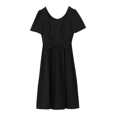 谜底短袖收腰显瘦连衣裙2022秋季新款复古赫本风黑色裙223ML1162