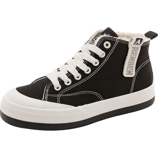 人本高帮二棉鞋女冬加绒帆布鞋女2024秋冬新款加厚小白鞋板鞋冬鞋