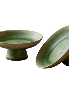 入户玄关钥匙盘摆件粗陶釉下彩绿色果盘点心盘中古风零食高脚托盘