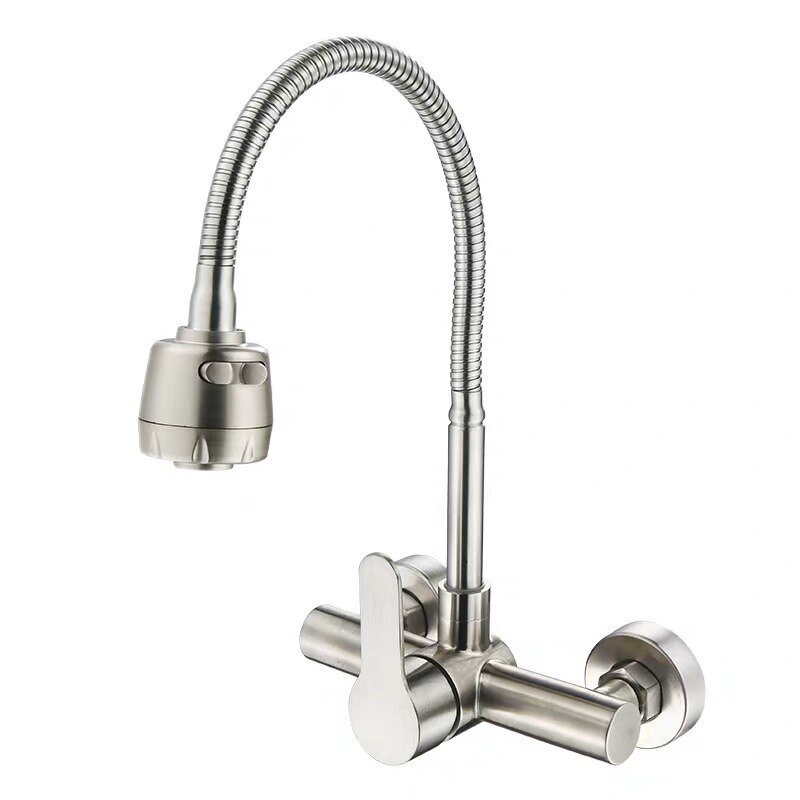 厨房洗菜盆洗衣池洗碗池304不锈钢双孔混水折叠入墙式冷热水龙头