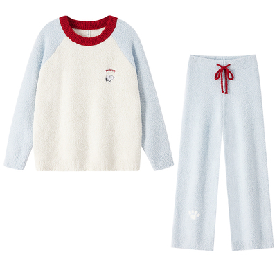 BE史努比情侣睡衣女冬半边绒撞色