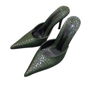 尖头半拖鞋女时尚外穿2025新款蛇纹高跟拖鞋细跟包头凉拖百搭黑色