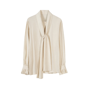 本相织物秋冬棉麻长袖慵懒感通勤休闲长袖衬衫复古围巾领白衬衣